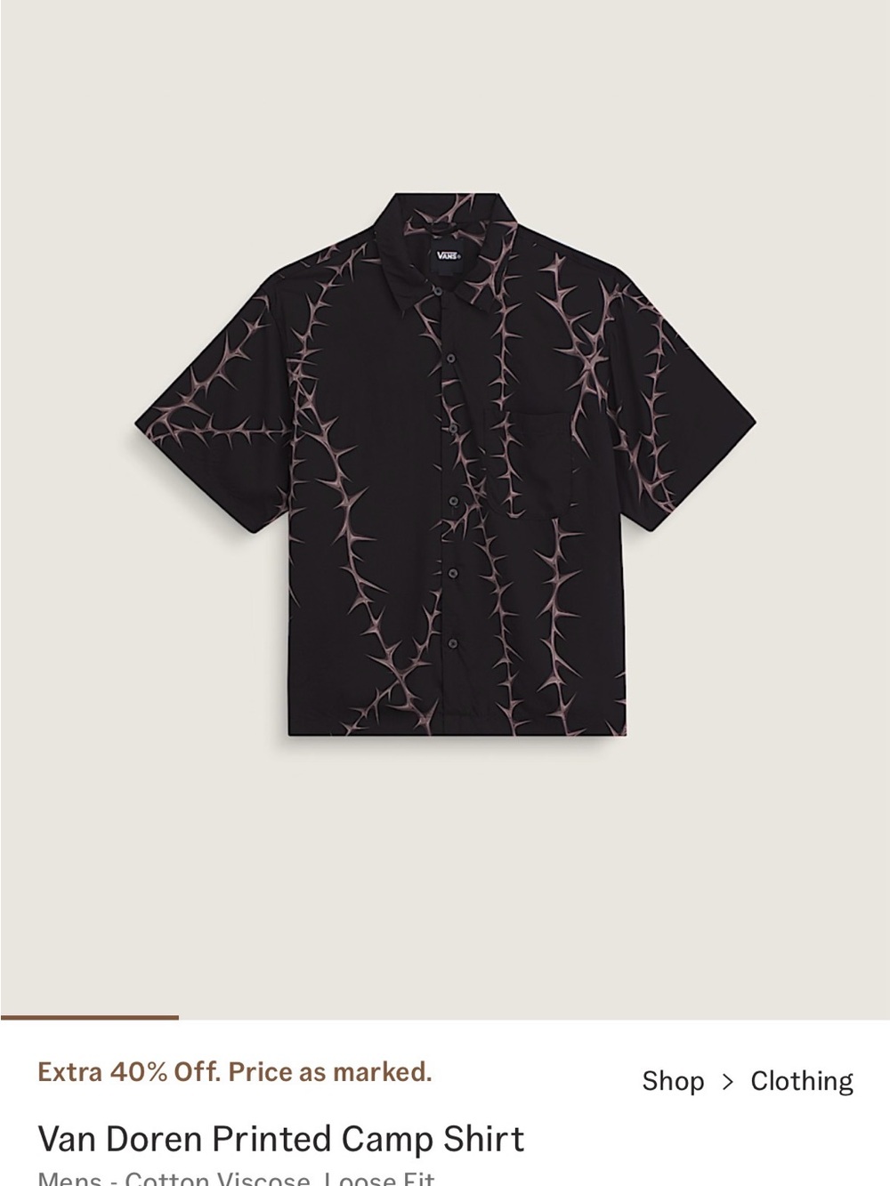 Vans Black Camp Shirt with Taupe Thorn Print